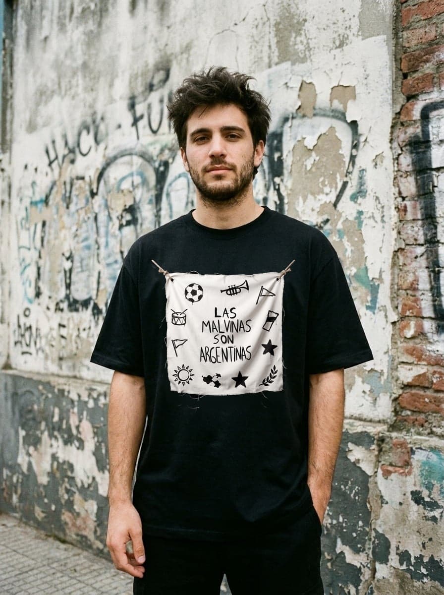 Serie Malvinas Novamente — Las Malvinas son argentinas, remera negra con bandera estampada