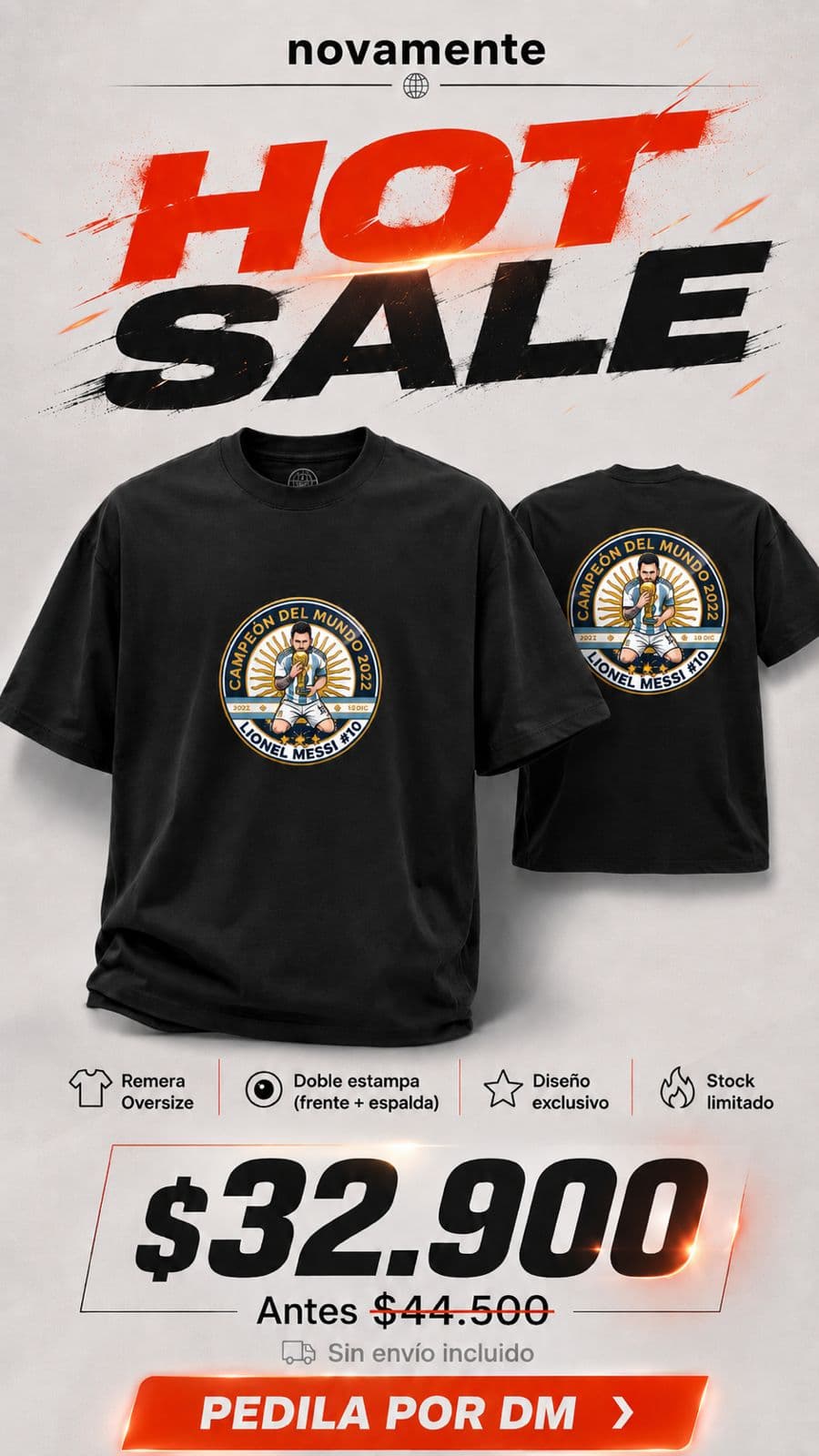 Remera negra con crest Campeón del Mundo Lionel Messi #10 — Hot Sale Novamente