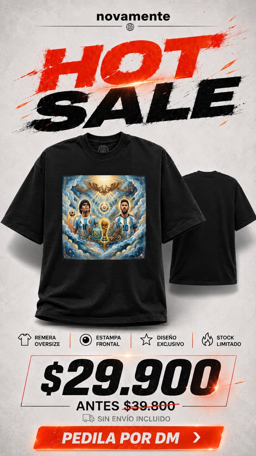 Remera oversize negra con Maradona y Messi celestial — Hot Sale Novamente