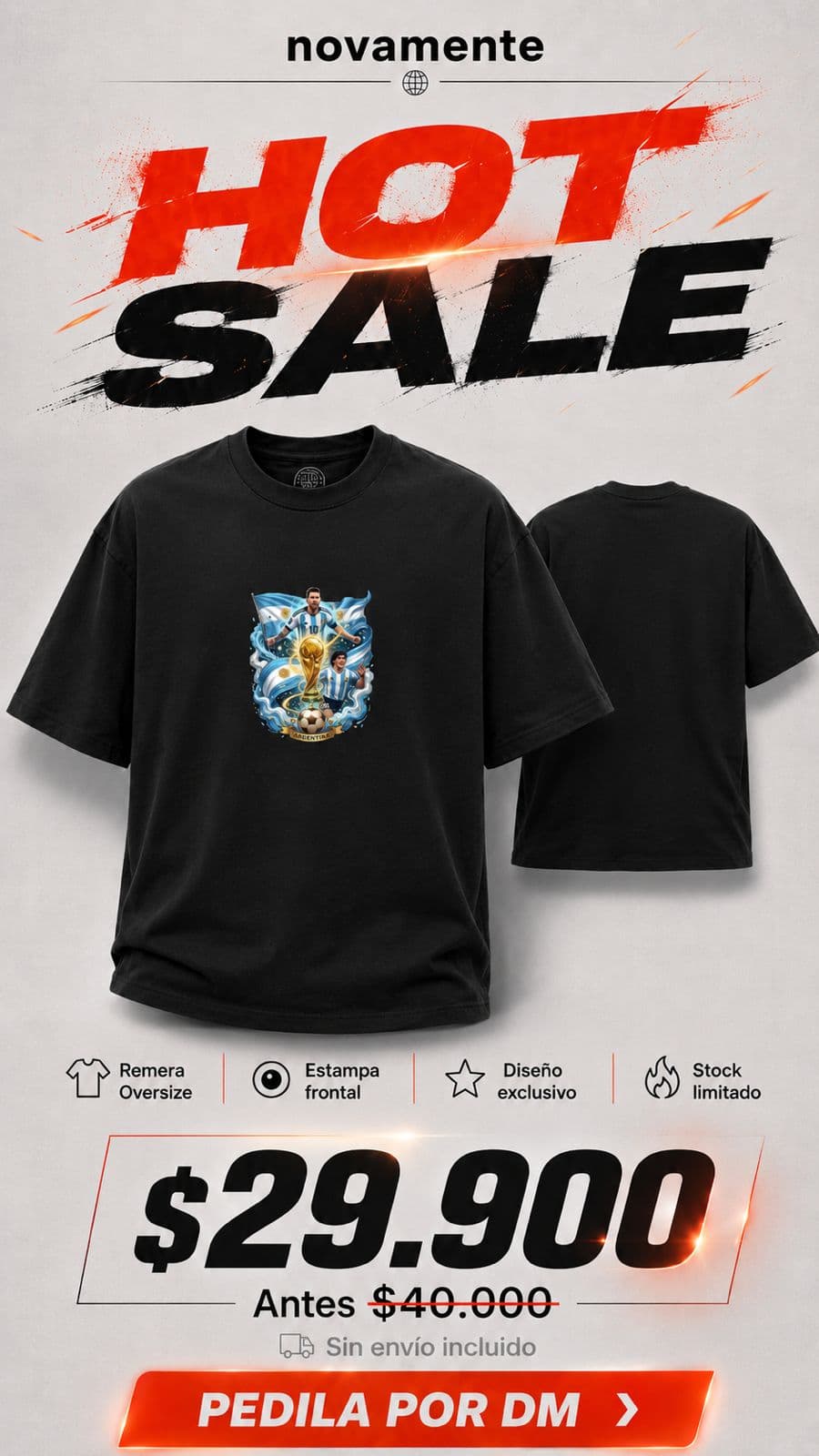 Remera oversize negra con Messi y la copa del mundo — Hot Sale Novamente