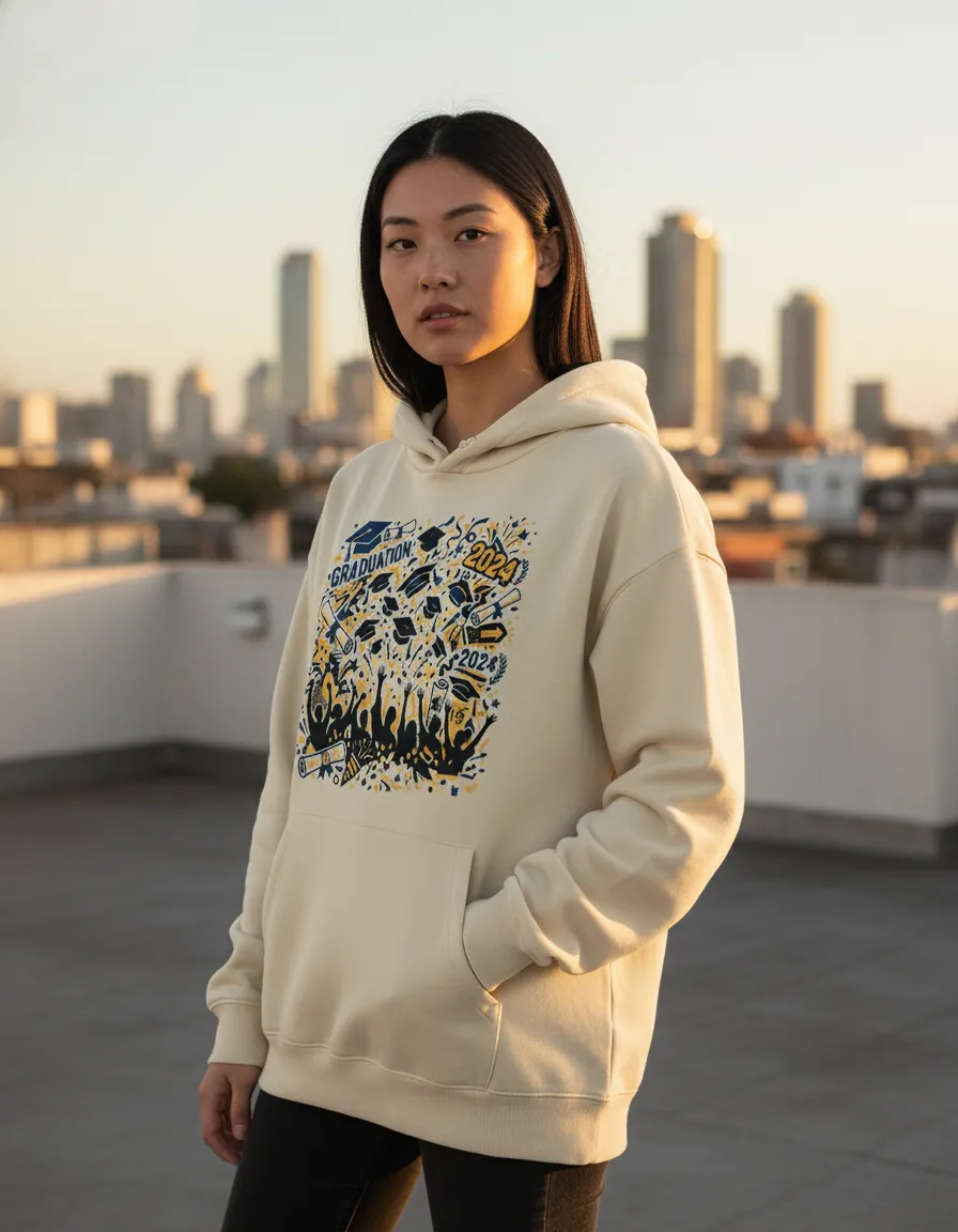 Buzo hoodie crema personalizado para promo de egresados Argentina