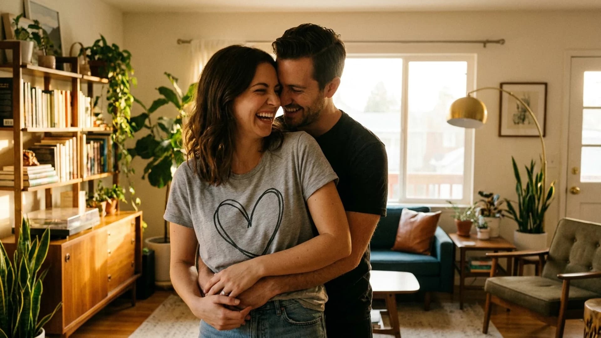 Pareja argentina con remera personalizada de regalo, momento íntimo en casa