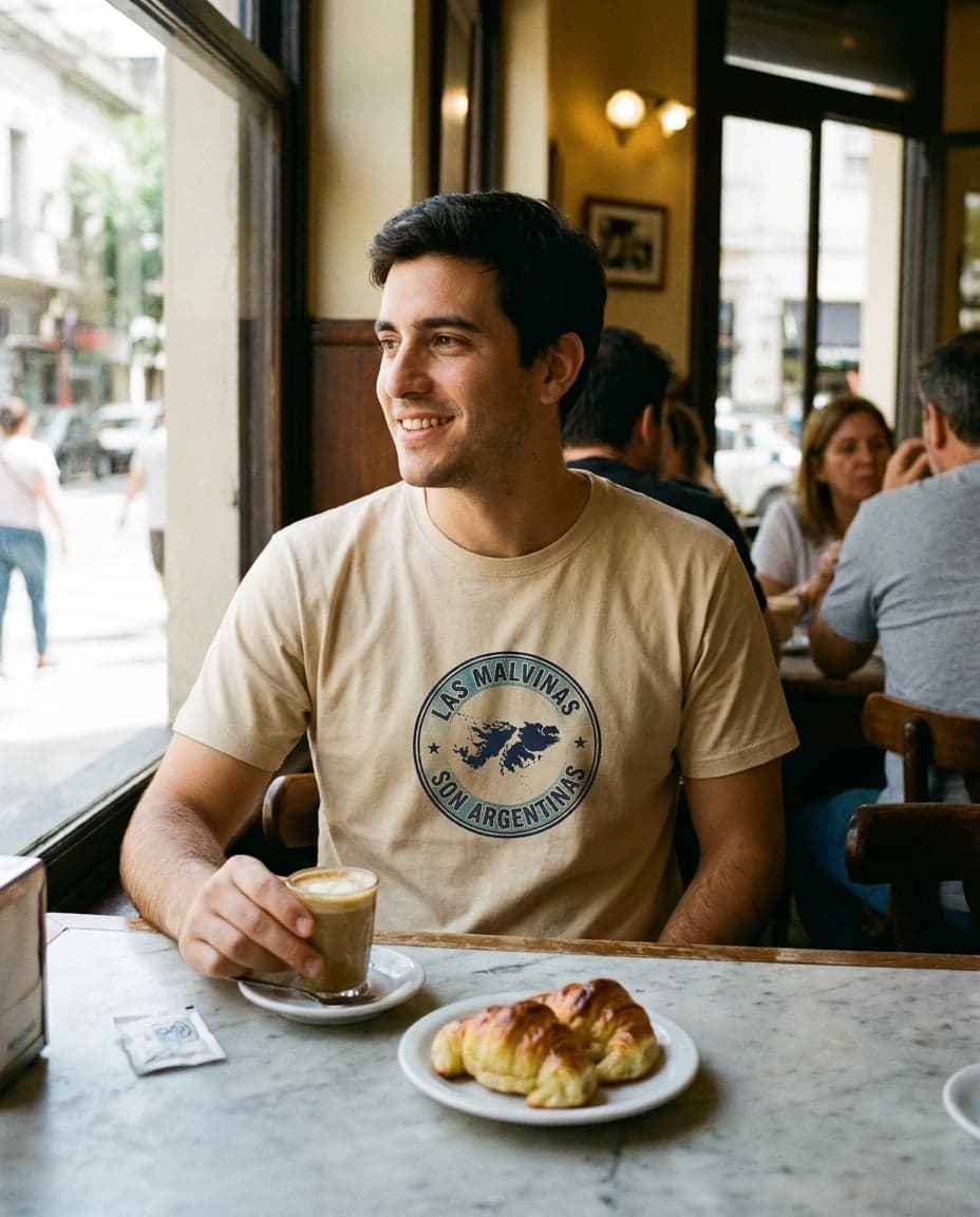 Escudo — Remera beige Serie Malvinas Novamente, foto lifestyle